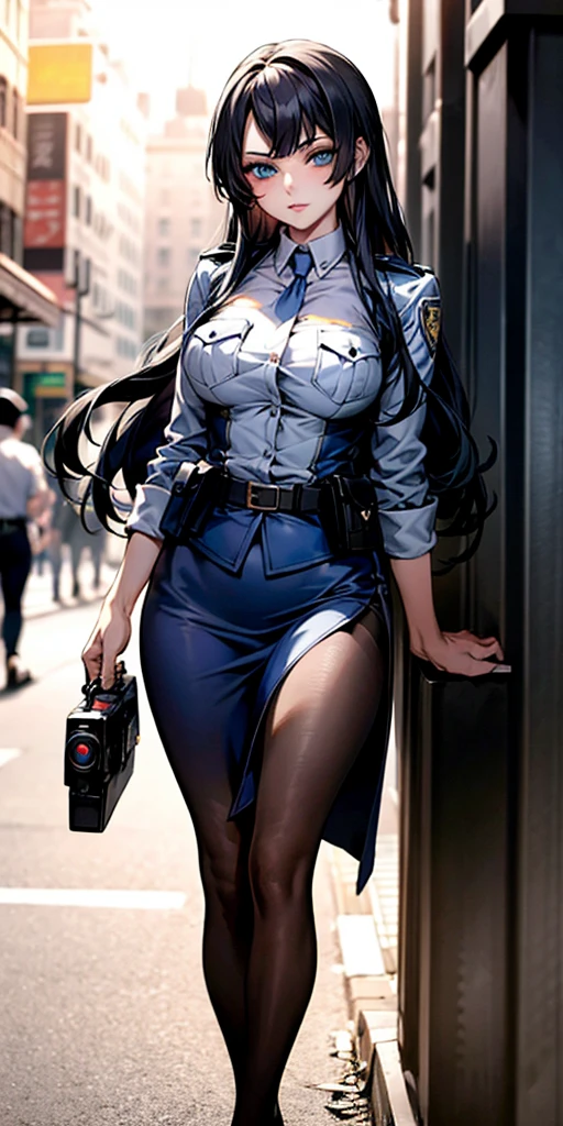 Ridiculous resolution, high resolution, (masterpiece:1.4), Extremely detailed, 1 Girl,blue eyes, Black long hair，Please wear police uniform and short micro skirt, White handbags、Pantyhose, City Streets,Sexy pose, The camera is close to your body