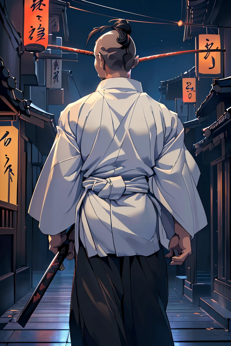 (SFW),katana=japanese sword,((bearded tiefling holding a katana in each hand,1 man is dual-wielding katana)),murderer:1.0,((two katanas are unsheathed)),night city:1.4,(8k,masterpiece:2.0,anime:1.6,realistic:1.4,best quality,ultra high resolution,ultra-detailed,beautiful illstration:1.6),((1 man is 30years old,muscle:1.2,back to the viewer,buzz cut:1.2,white kimono:1.0,black hakama:1.5)),perfect white kimono:1.2,((perfect black hakama:1.6)),