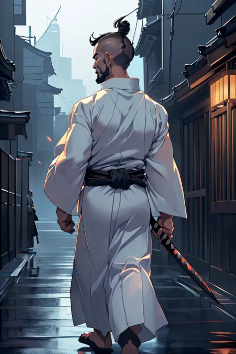 (sfw),katana=japanese sword,((bearded tiefling holding a katana in each hand,1 man is dual-wielding katana)),murderer:1.0,((two ...