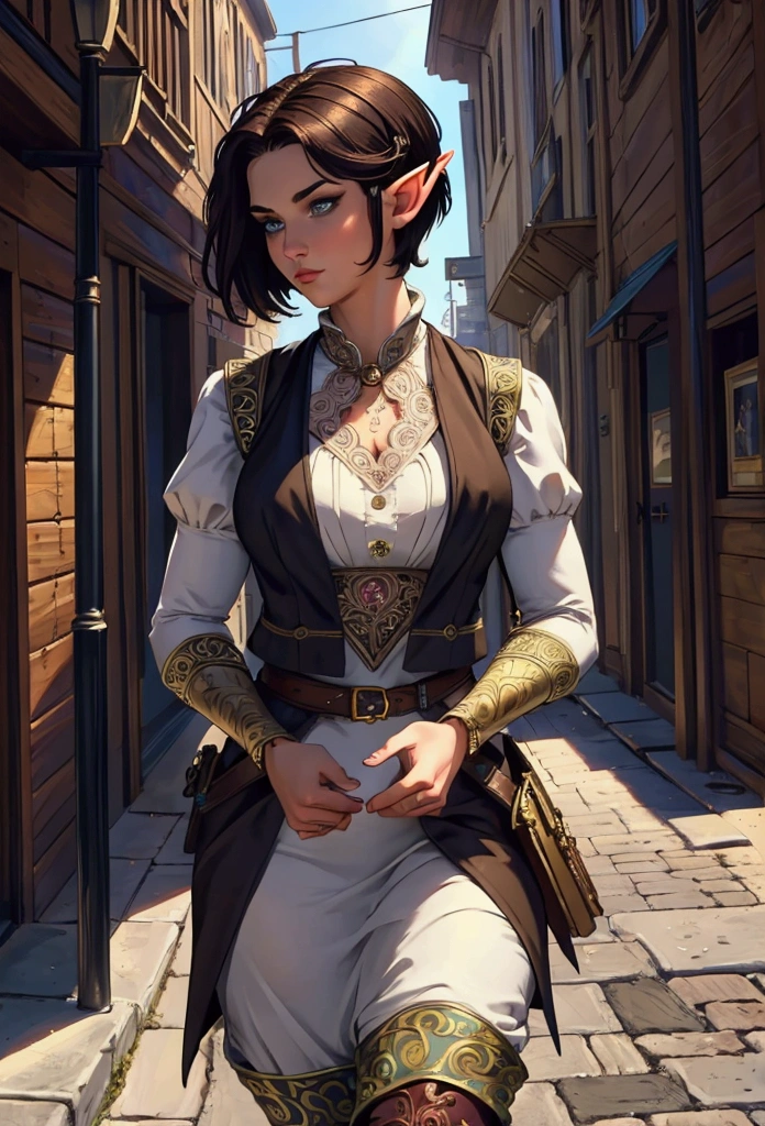 (Masterpiece, Best quality, Top quality, Intricate details, Beautiful, aesthetic:1.2), Highest quality, masterpiece, high resolution, 8k, cinematic lighting, sharp resolution, medium shot, samdoesarts style, beautiful woman, character portrait, 1 female elf, beautiful short dark hair, short hair, rogue, dressed well, britches, and vest, a sickle hangs from her hip, daytime, crowded city streets, fantasy city, cobblestone streets,