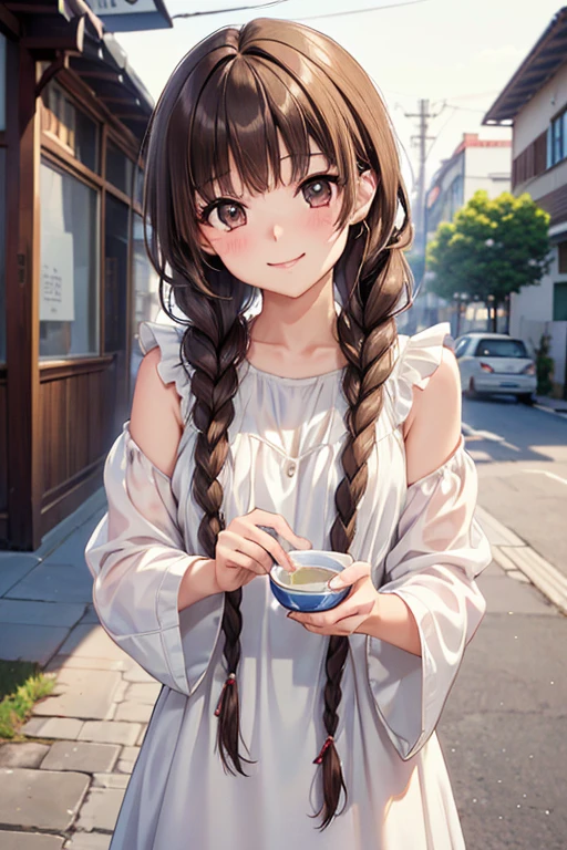 Yuno Shimazu、Shiny brown hair,Long Hair,  、((2 braids:1.5、Hair that falls over the shoulders)),Beautiful brown eyes、Sparkling eyes, Fine grain、smile、Ultra-detailed eyes、Highly detailed face, Highly detailed eyes,Cowboy Shot、


((masterpiece, Highest quality, High resolution, 超High resolution, Pixel perfect, Depth of written boundary, 4K, RTTX 10.0, High resolution))),
30-year-old woman、smile、blush、((masterpiece、High resolution、16K))、Random summer clothes、Used bookstore