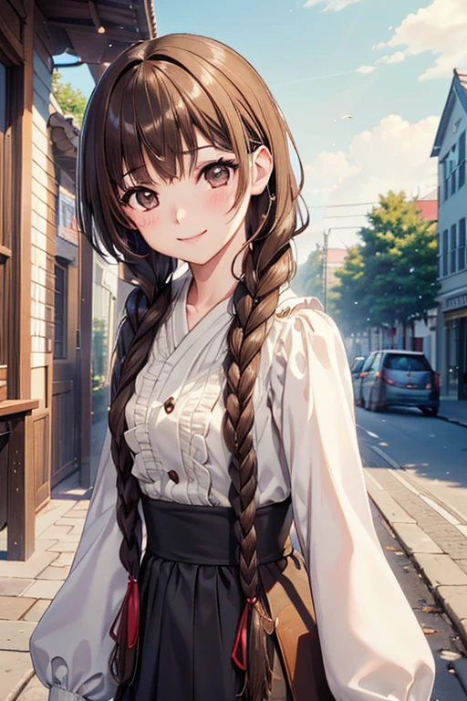 Yuno Shimazu、Shiny brown hair,Long Hair,  、((2 braids:1.5、Hair that falls over the shoulders)),Beautiful brown eyes、Sparkling eyes, Fine grain、smile、Ultra-detailed eyes、Highly detailed face, Highly detailed eyes,Cowboy Shot、


((masterpiece, Highest quality, High resolution, 超High resolution, Pixel perfect, Depth of written boundary, 4K, RTTX 10.0, High resolution))),
30-year-old woman、smile、blush、((masterpiece、High resolution、16K))、Random summer clothes、Used bookstore