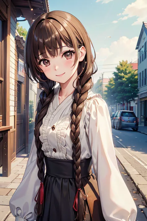 yuno shimazu、shiny brown hair,long hair,  、((2 braids:1.5、hair that falls over the shoulders)),beautiful brown eyes、sparkling ey...