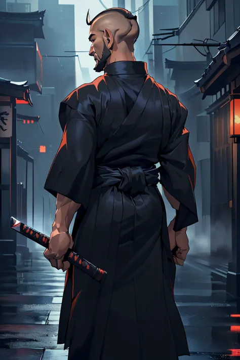 (sfw),katana=japanese sword,((bearded tiefling holding a katana in each hand,1 man is dual-wielding katana)),murderer:1.0,((two ...