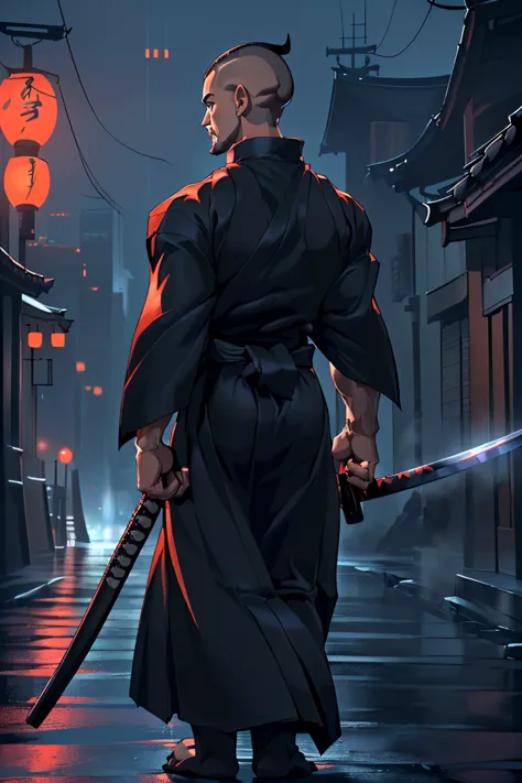 (sfw),katana=japanese sword,((bearded tiefling holding a katana in each hand,1 man is dual-wielding katana)),murderer:1.0,((two ...