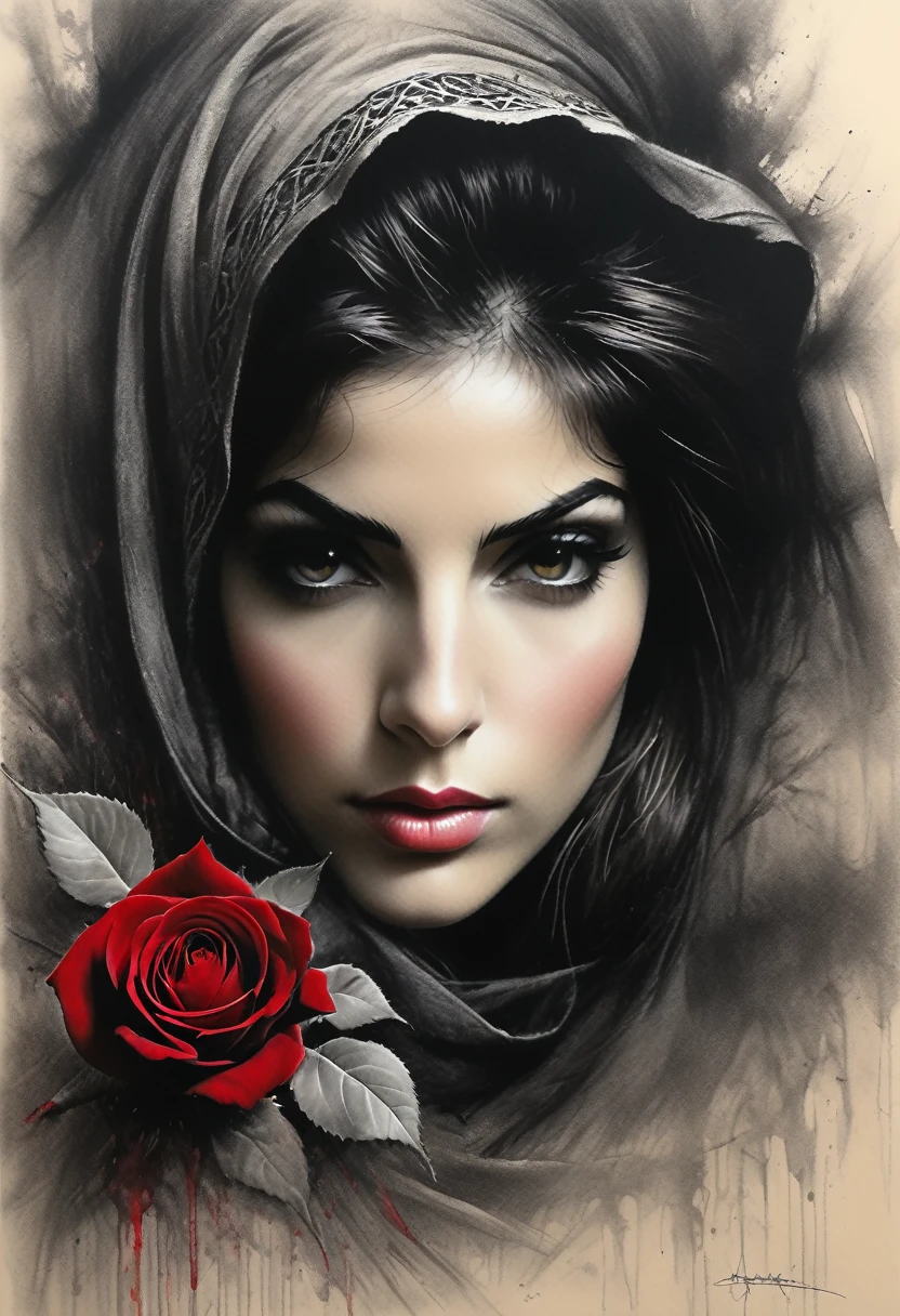 Charcoal drawing, Pencil drawing, Line drawing, Graphite drawing, Toned paper, Masterpiece, Two-color, Ink, Stunningly beautiful brunette girl in a chador with long hair, Hair sticking out from under the headscarf, Dark red rose\(flower\), Red blood, Arabic ink, Splash, Intricate details, Volumetric lighting, Cinematic, Detailed, Realistic. Art by Antonio Mora, Andre Cohn, Arthur Bordalo, Bob Ringwood, Benedict Bahn,