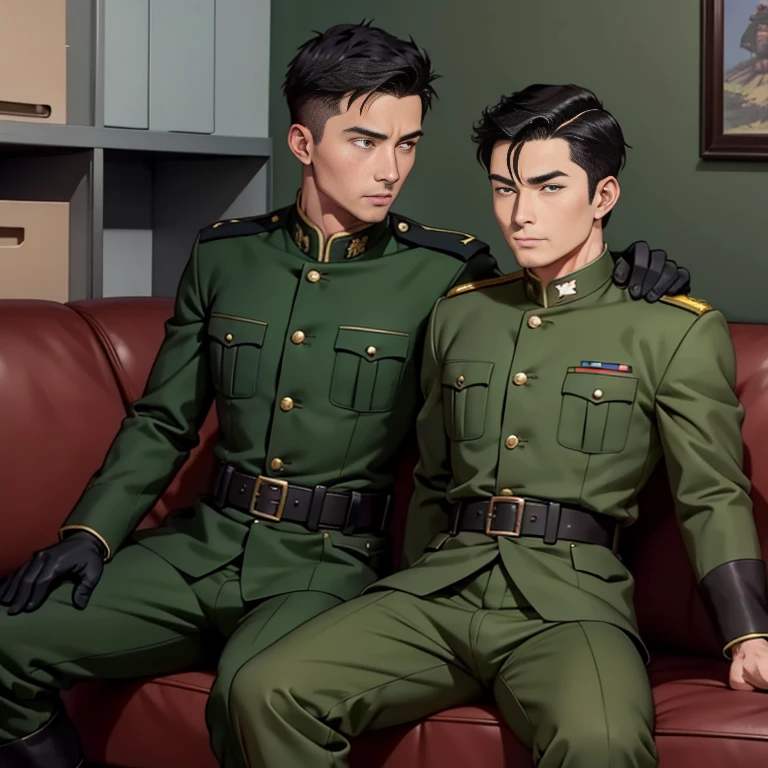 anime、Zeon Army soldiers、30 years old,One Man,、Dark green military uniform、Shocker Belt、Black gloves、Brown boots、With a handgun on his hip、disposal room、Two men sitting on a sofa、logic, ,Black Hair。Pretty short and even shorter short hair、Tall, handsome military officer　Asian Face　Stubble、　The crotch area of my pants is bulging　Two men smiling with their foreheads touching.