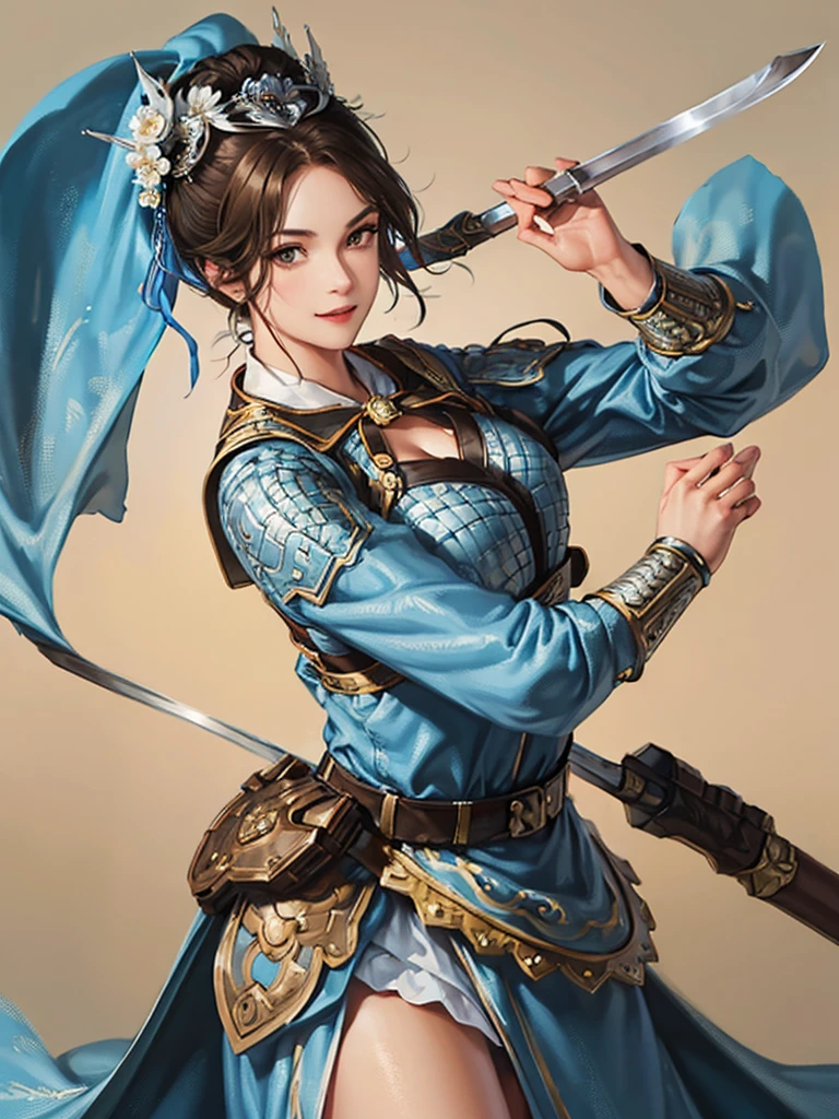 (no background:1.4), (cowboy shot), best quality, masterpiece, Solo, detailed beautiful girl, ancient Chinese armor, large breasts, silver armor, white cloth, short hair, brown hair, fascinator, smile, cheerful, holding sword