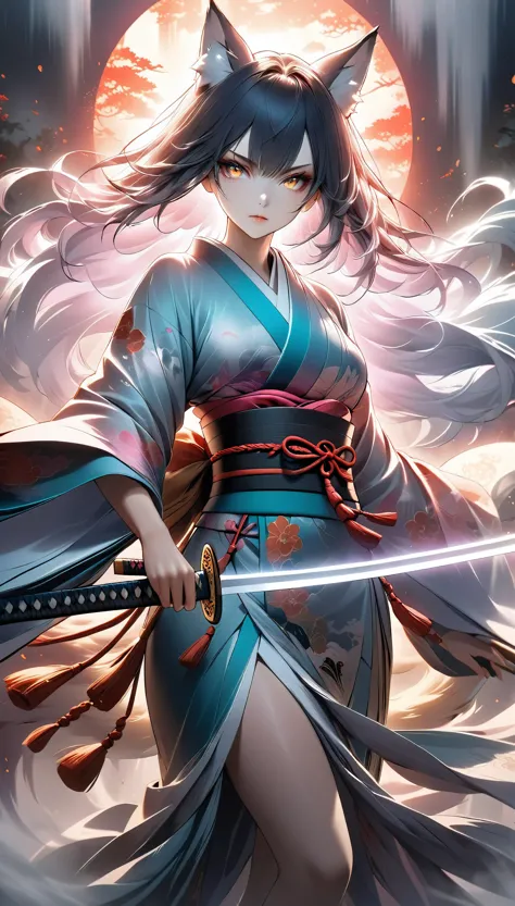 a mysterious female kitsune (fox spirit) wielding a long enchanted katana, shrouded in an obscuring mist that parts with each po...