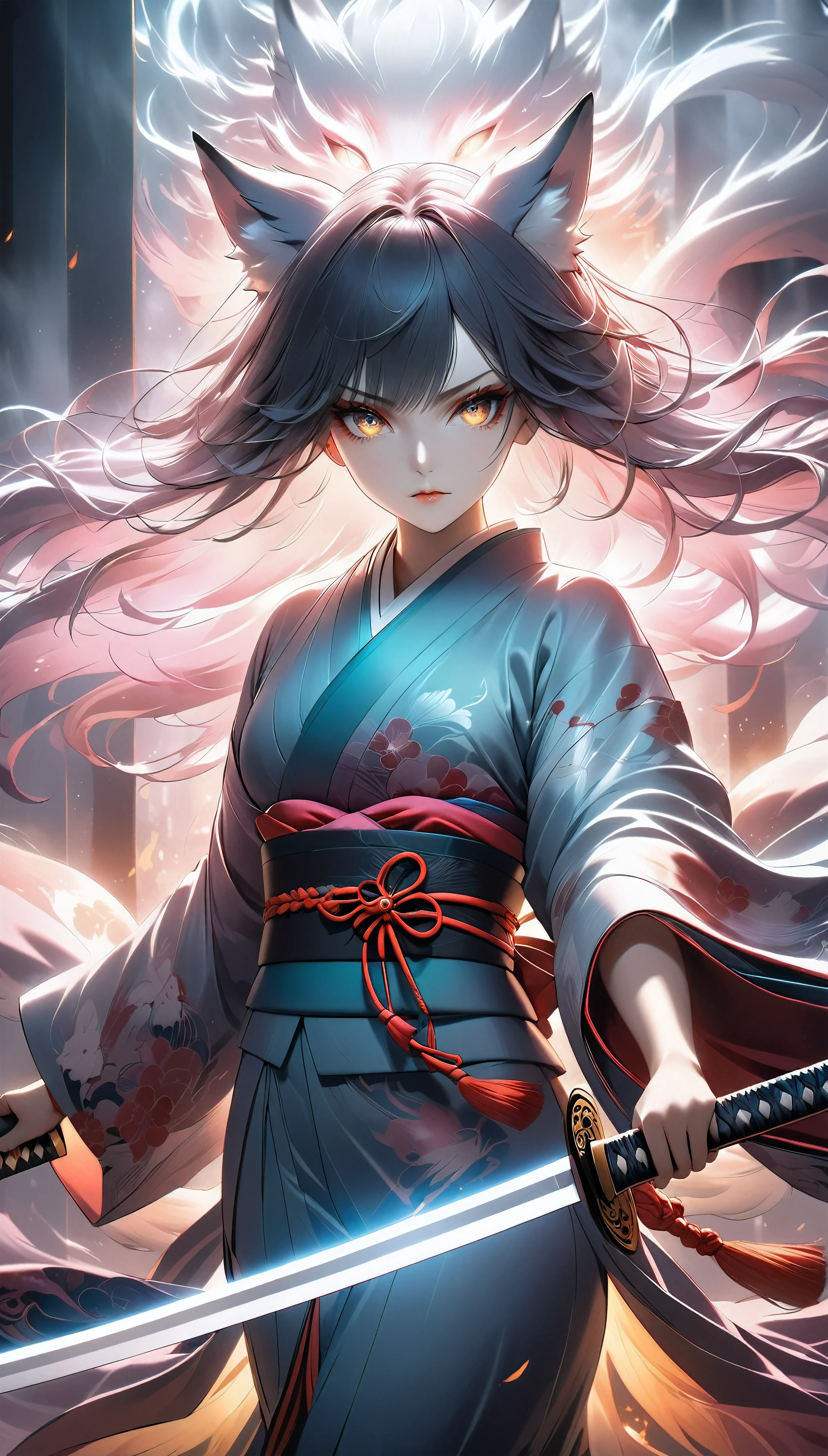 A mysterious female kitsune (fox spirit) wielding a long enchanted katana, shrouded in an obscuring mist that parts with each powerful strike, revealing a vivid and otherworldly scene, the clarity of the sword strikes contrasting against the hazy, mystical background, the kitsune's piercing gaze locking eyes with the viewer, layers of ethereal fog enveloping the foreground, her translucent yet intense eyes, intricate and detailed kimono, dramatic lighting and colors