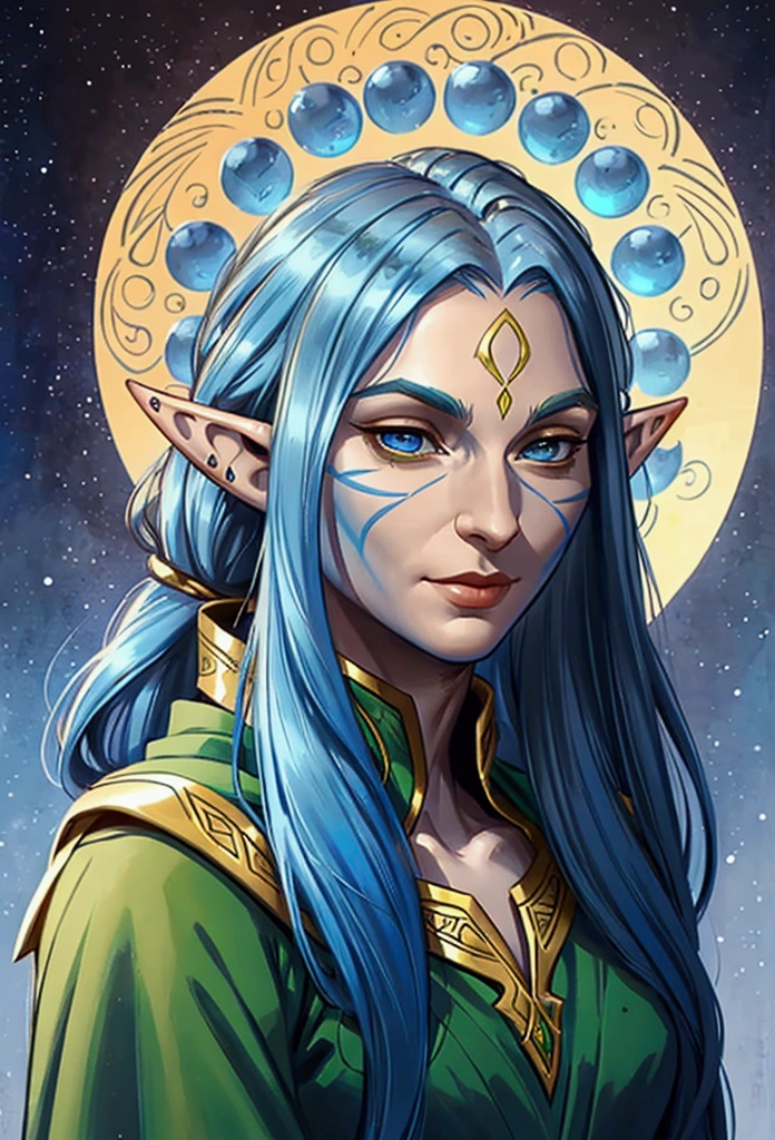 a close up of a drawing of a person with long hair, blue-skinned elf, side portrait of elven royalty, a portrait of an elf, a middle aged elf, a portrait of a male elf, elven character with smirk, portrait of an elf, elf with blue skin, half elf woman, portrait of a slender elven man