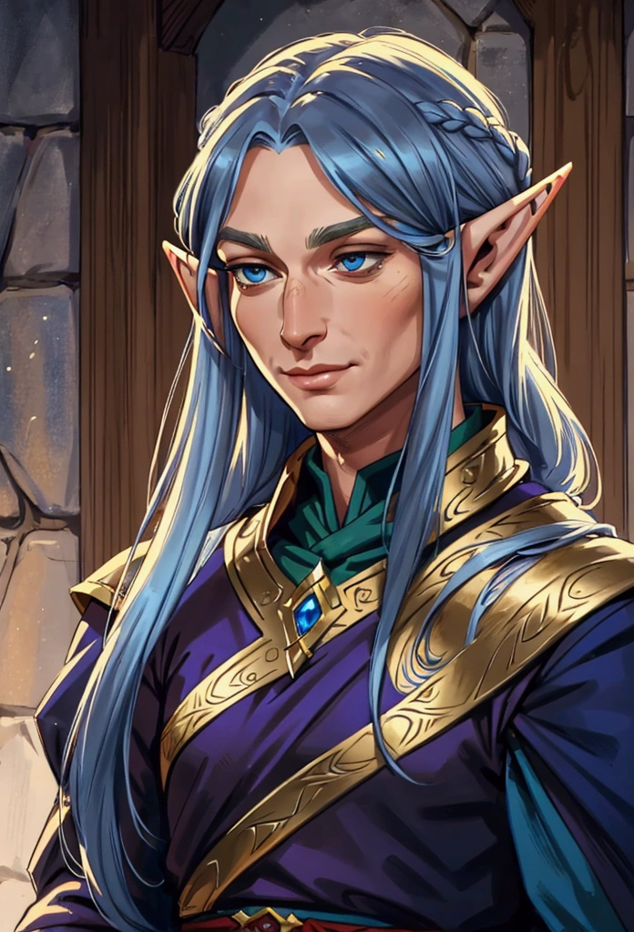 a close up of a drawing of a person with long hair, a character portrait inspired by Sigurd Swane, reddit, hurufiyya, blue-skinned elf, side portrait of elven royalty, a portrait of an elf, a middle aged elf, a portrait of a male elf, elven character with smirk, portrait of an elf