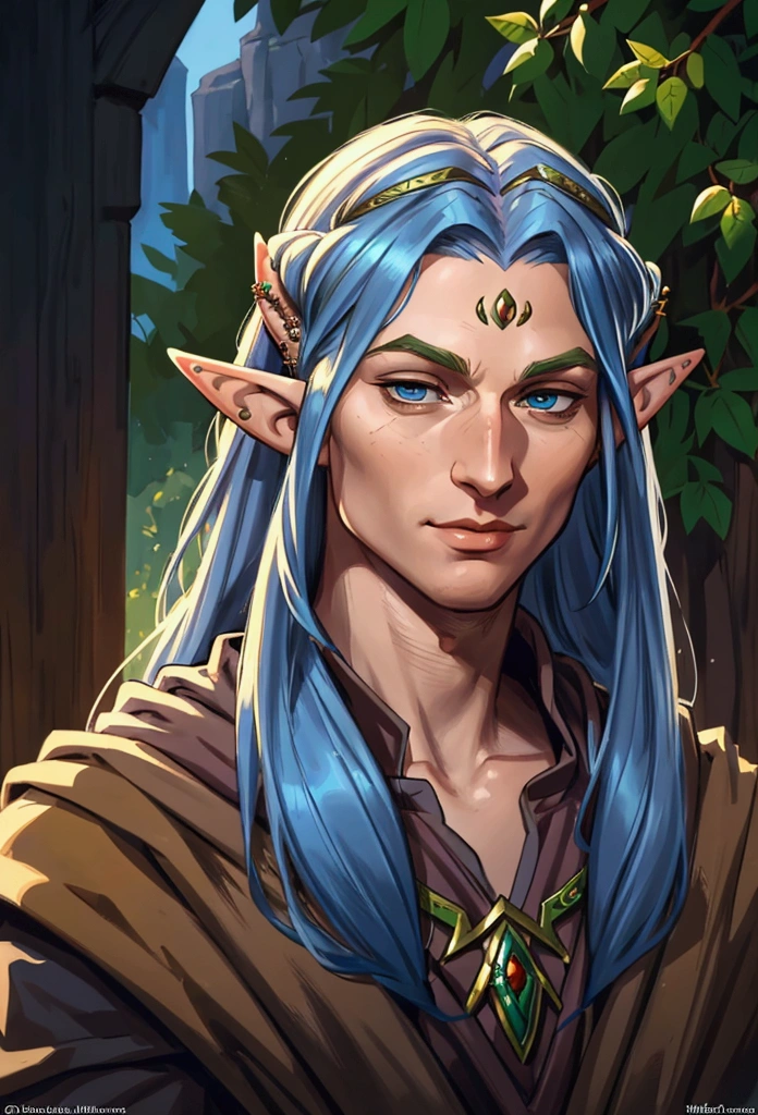 a close up of a drawing of a person with long hair, a character portrait inspired by Sigurd Swane, reddit, hurufiyya, blue-skinned elf, side portrait of elven royalty, a portrait of an elf, a middle aged elf, a portrait of a male elf, elven character with smirk, portrait of an elf