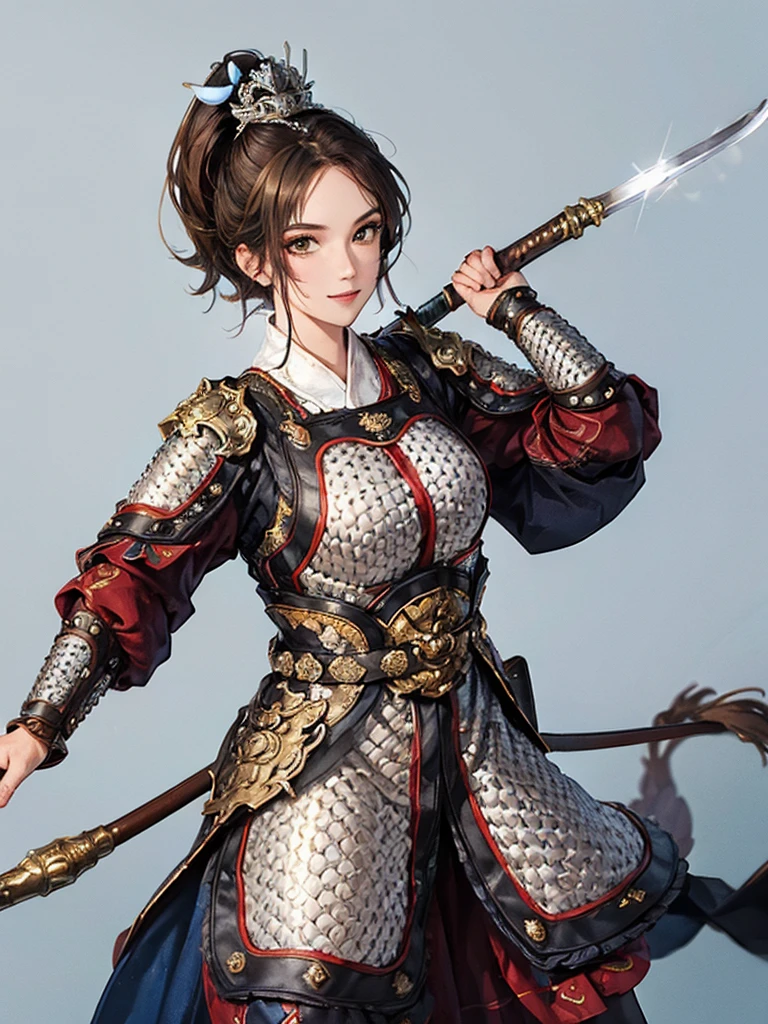 (no background:1.4), (cowboy shot), best quality, masterpiece, Solo, detailed beautiful girl, ancient Chinese armor, large breasts, silver armor, white cloth, short hair, brown hair, fascinator, smile, cheerful, holding sword