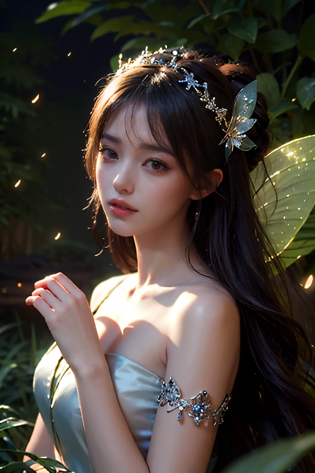 Beautiful fairy, surrounded by fireflies, ethereal and dreamy atmosphere