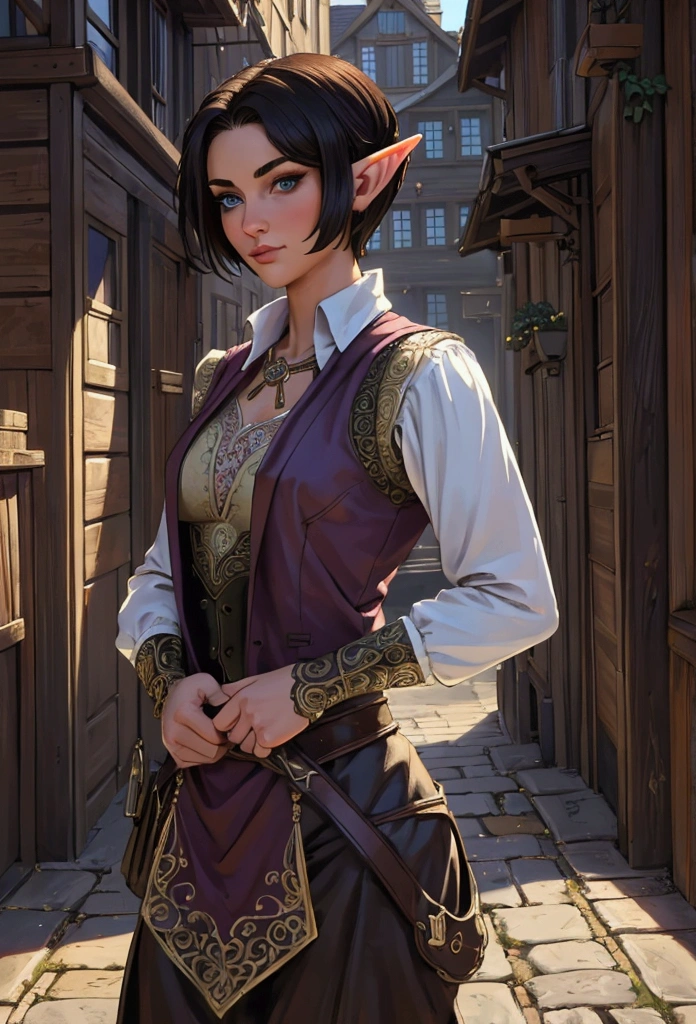 (Masterpiece, Best quality, Top quality, Intricate details, Beautiful, aesthetic:1.2), Highest quality, masterpiece, high resolution, 8k, cinematic lighting, sharp resolution, medium shot, samdoesarts style, beautiful woman, character portrait, 1 female elf, beautiful short dark hair, short hair, rogue, dressed well, britches, and vest, a sickle hangs from her hip, daytime, crowded city streets, fantasy city, cobblestone streets,