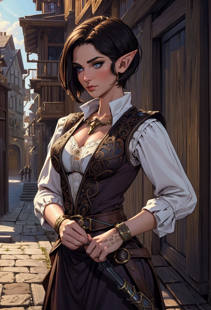 (Masterpiece, Best quality, Top quality, Intricate details, Beautiful, aesthetic:1.2), Highest quality, masterpiece, high resolution, 8k, cinematic lighting, sharp resolution, medium shot, samdoesarts style, beautiful woman, character portrait, 1 female elf, beautiful short dark hair, short hair, rogue, dressed well, britches, and vest, a sickle hangs from her hip, daytime, crowded city streets, fantasy city, cobblestone streets,