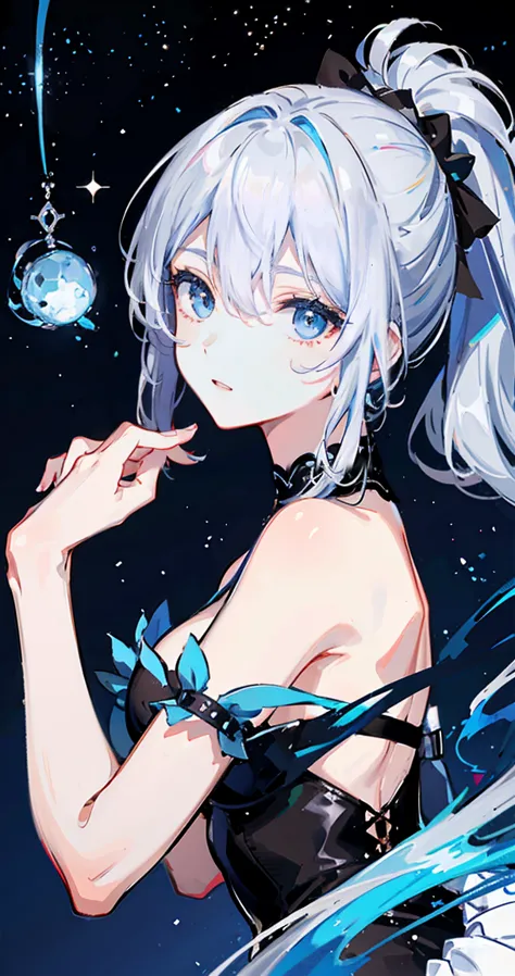 woman, gray hair, blue eyes, dark color dresses, milky way, crab, null, performer, constellation: cancer.