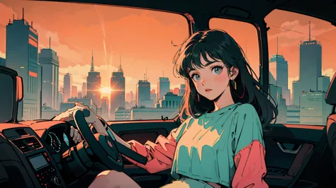 masterpiece, a18-year-old girl, long vibrant hair, a revealing crop top and short shorts, driving car, summer, sunset, neon city...