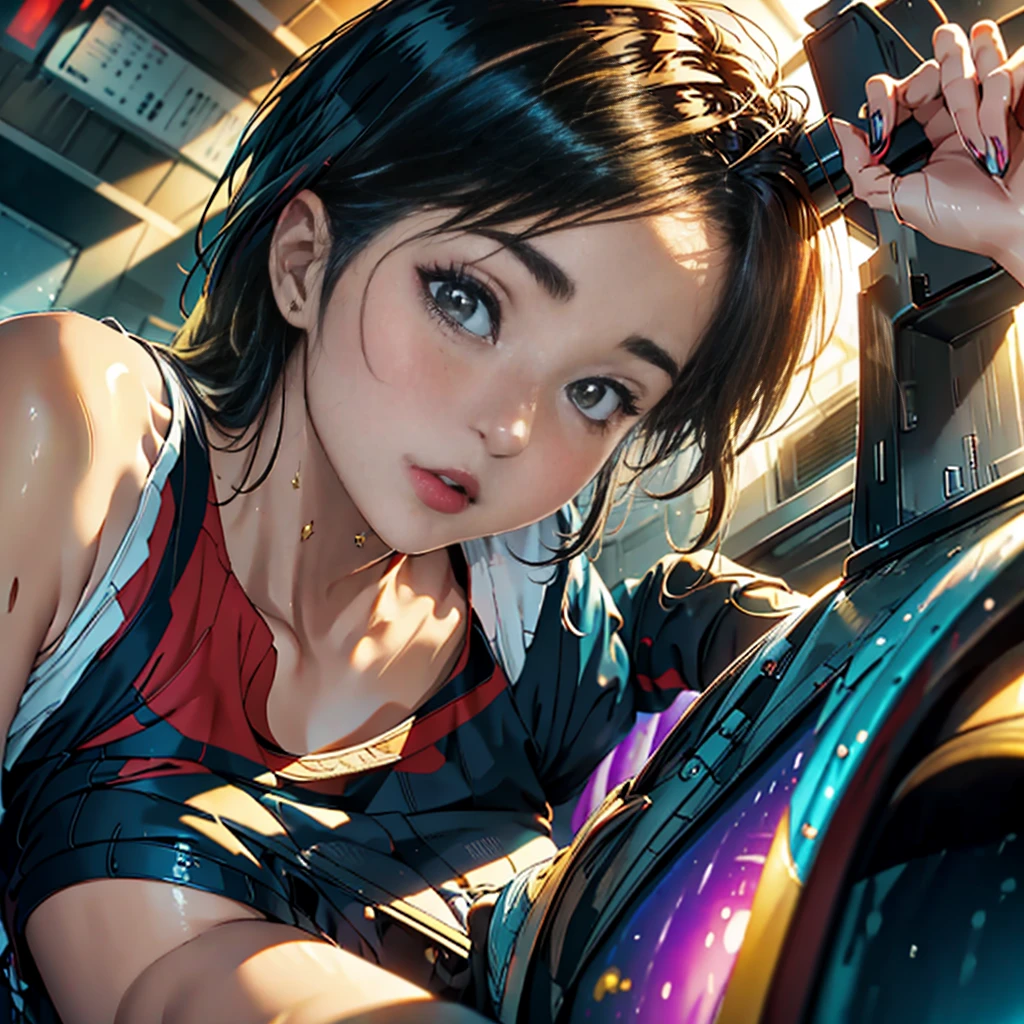 A tanned skin Japanese woman with 80s Japanese hair style, both eyes shine with a red glow, wearing a black with red accented cybernetic one piece suit, absurdres, highres, ultra detailed,
BREAK
, Create an image using a prism effect, with light refracting and creating a colorful, kaleidoscopic appearance.
BREAK
, Design an image with a fisheye lens effect, capturing a ective.
BREAK
, Capture a city scape, with towering buildings, dappled sunlight, and a sense of tranquility and natural beauty.
BREAK
, Illustrate a dystopian world, using only vintage shades , vivid colors to convey depth, emotion, and a striking visual impact.