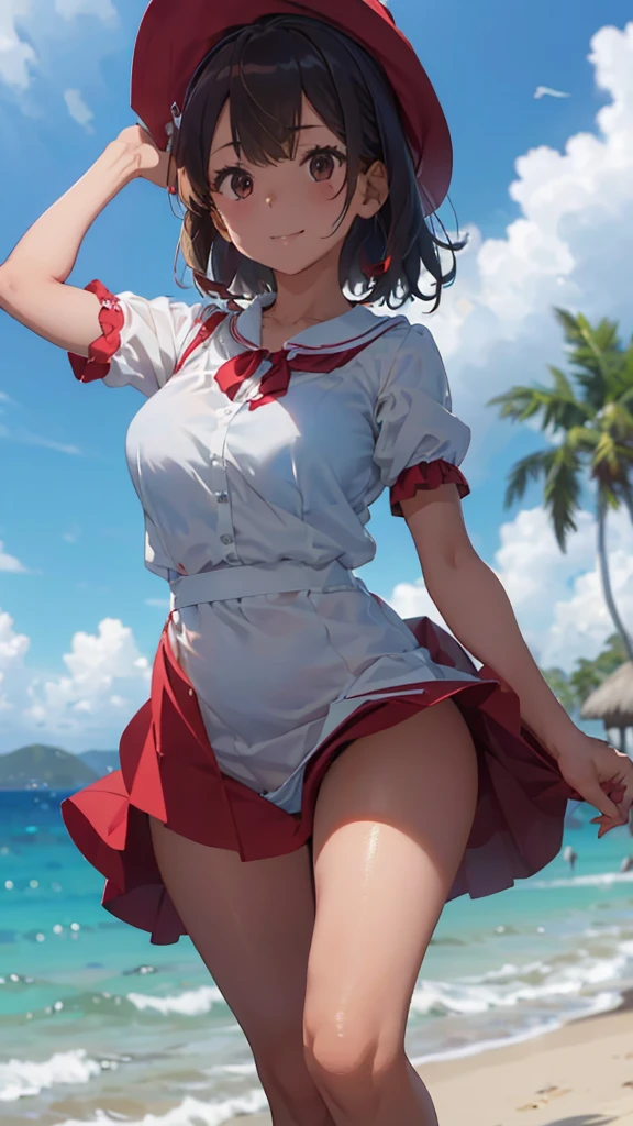 (Cute Smile、Black short bob)、((Clothed Big Tits、Pure white blouse))、((Light blue flared skirt、The wind blows up her skirt and her underwear is visible、Cute underwear in white))、Bare feet and naked feet、((Sandy beach, sea and blue sky、A yacht on the sea))、((The face is in focus and the background is blurred、Shallow depth of field))、Realistic、Standing posture、((C cup small breasts、Closer valley、Pie Slash))、(A vibrant crimson long coat over a blouse、She spreads her crimson long coat with both hands.)、(A light blue bra is clearly visible through the wet blouse.、Light blue wired bra)、(Black cane、Wooden walking stick、Hold one in your right hand)、(A bright red witch's hat、Bright red hat)