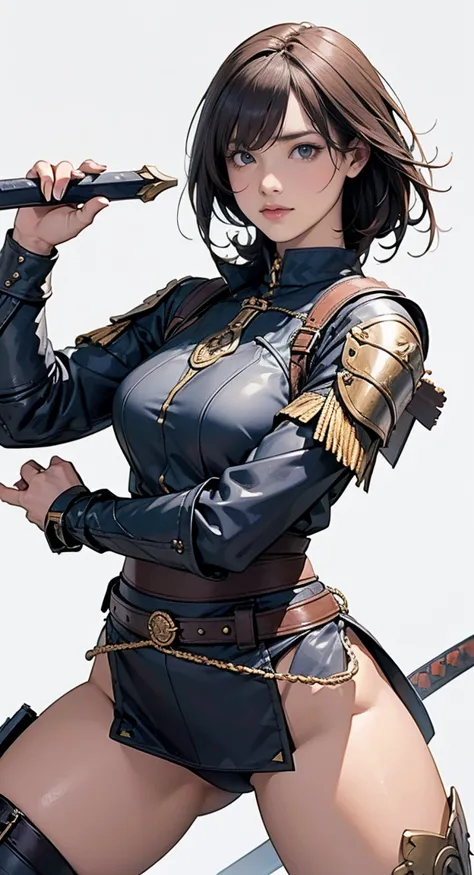 a female warrior wielding swords in both hands, leather armor. sexy