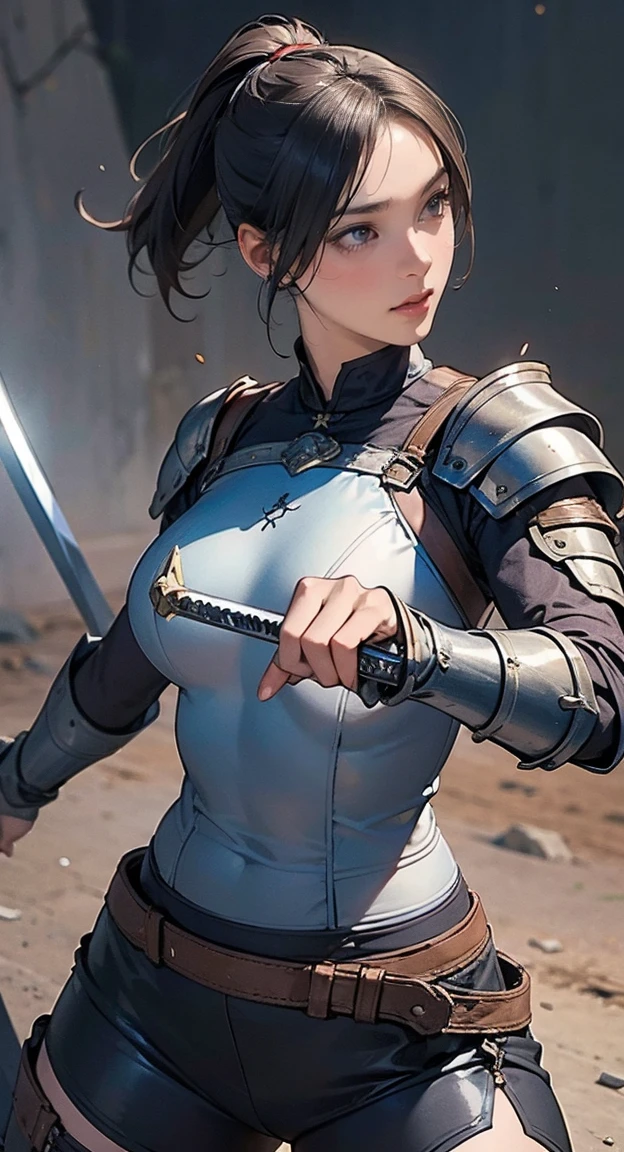 A female warrior wielding swords in both hands, leather armor. Sexy