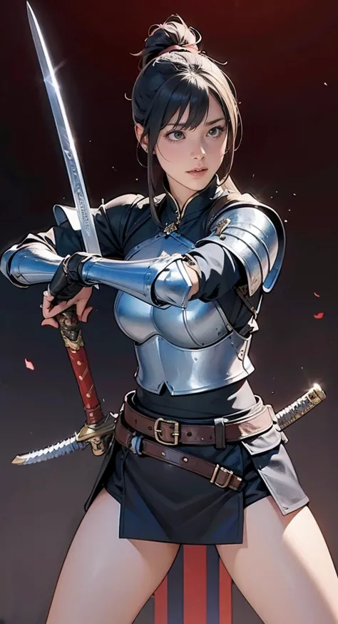 a female warrior wielding swords in both hands, leather armor. sexy