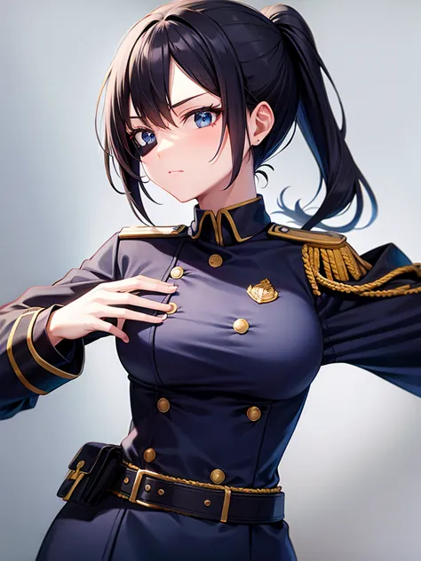 1girl, low ponytail, black hair, black eye, eye patch, medium breasts, military uniform, blue uniform, upper body, no background...