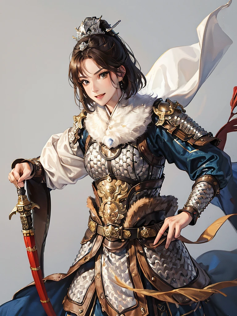 (no background:1.4), (cowboy shot), best quality, masterpiece, Solo, detailed beautiful girl, ancient Chinese armor, large breasts, (silver armor), (white cloth), short hair, brown hair, fascinator, helmet, smile, cheerful, holding sword, fur