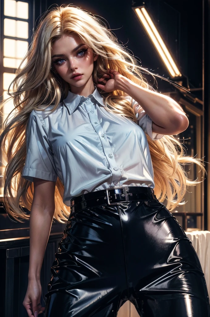 cowboy shot,a pretty 21 year old girl,blond hair,blue eyes,lora_Emma,slim athletic body,tight and stretched white blouse with buttons,button gap,short sleeves,pokies,ultra low rise black shiny pvc pants,vnylpvc,metal belt,empty studio,(best quality,4k,8k,highres,masterpiece:1.2),ultra-detailed,(realistic,photorealistic,photo-realistic:1.37),dramatic lighting,cinematic,fashion photography,studio lighting,high contrast,vivid colors,beautiful detailed eyes,beautiful detailed lips,extremely detailed eyes and face,long eyelashes, touching hair