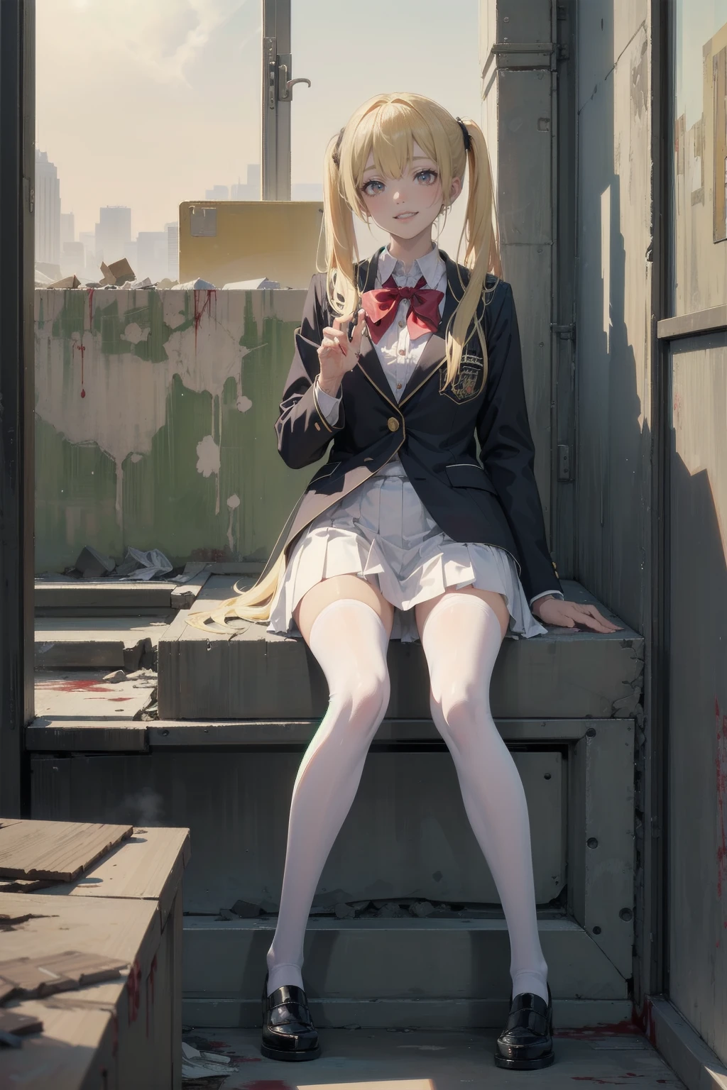 (Highest quality,4K,High resolution,masterpiece:1.2),Very detailed,Realistic:1.37,とてもbeautiful girl,Very cute blazer uniform,Wearing white stockings,Blonde,Blonde Hair,Long twin tails,Watching the audience,high school、Dilapidated school building、I&#39;m in the classroom、Inside a dilapidated classroom、Very dirty classroom、,Red color scheme,Ominous atmosphere,Eye-catching,Storytelling,anatomy,Anime Style,Concept Art,beautiful細部までこだわった顔と (((Red eyes ))),A terrifying ritual ,Satanic Ritual,Premature death,inappropriate behavior,クレイジーなsmile,Scythe Face,beautiful girl、Girl Monster, beautiful, Delicate facial features,  Sharp Fangs, Pale skin, Gloomy atmosphere, one person&#39;s, Please open your mouth wide, Open your mouth and baring your teeth,Sharp teeth like a beast, Wide lips, very wide mouth, Vermilion cheeks, ,(Blood splatter:1.2),Scary smile, smile,High School Design, Twisted smile、頭からのBleeding,、Blood splatter、,(Bleeding:1.2), ((流れるようなBlonde)), Female curves, Perfect hands, Perfect anime face, (A long-sleeved, very cute sailor uniform)), Are standing, ((邪悪なsmile)), ,(Blood splatter:1.4), Steam circulates, ,Anime school design, Twisted smile、Bloody、 A dilapidated high school、Abandoned house、,Absurd, High resolution、Spooky Girl、(クレイジーなsmile:1.8)、(Blood dripping from hands:1.3)、 anime-style characters as the main characters、Shocking pink lipstick
