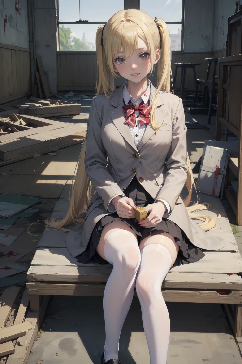 (Highest quality,4K,High resolution,masterpiece:1.2),Very detailed,Realistic:1.37,とてもbeautiful girl,Very cute blazer uniform,Wearing white stockings,Blonde,Blonde Hair,Long twin tails,Watching the audience,high school、Dilapidated school building、I&#39;m in the classroom、Inside a dilapidated classroom、Very dirty classroom、,Red color scheme,Ominous atmosphere,Eye-catching,Storytelling,anatomy,Anime Style,Concept Art,beautiful細部までこだわった顔と (((Red eyes ))),A terrifying ritual ,Satanic Ritual,Premature death,inappropriate behavior,クレイジーなsmile,Scythe Face,beautiful girl、Girl Monster, beautiful, Delicate facial features,  Sharp Fangs, Pale skin, Gloomy atmosphere, one person&#39;s, Please open your mouth wide, Open your mouth and baring your teeth,Sharp teeth like a beast, Wide lips, very wide mouth, Vermilion cheeks, ,(Blood splatter:1.2),Scary smile, smile,High School Design, Twisted smile、頭からのBleeding,、Blood splatter、,(Bleeding:1.2), ((流れるようなBlonde)), Female curves, Perfect hands, Perfect anime face, (A long-sleeved, very cute sailor uniform)), Are standing, ((邪悪なsmile)), ,(Blood splatter:1.4), Steam circulates, ,Anime school design, Twisted smile、Bloody、 A dilapidated high school、Abandoned house、,Absurd, High resolution、Spooky Girl、(クレイジーなsmile:1.8)、(Blood dripping from hands:1.3)、 anime-style characters as the main characters、Shocking pink lipstick
