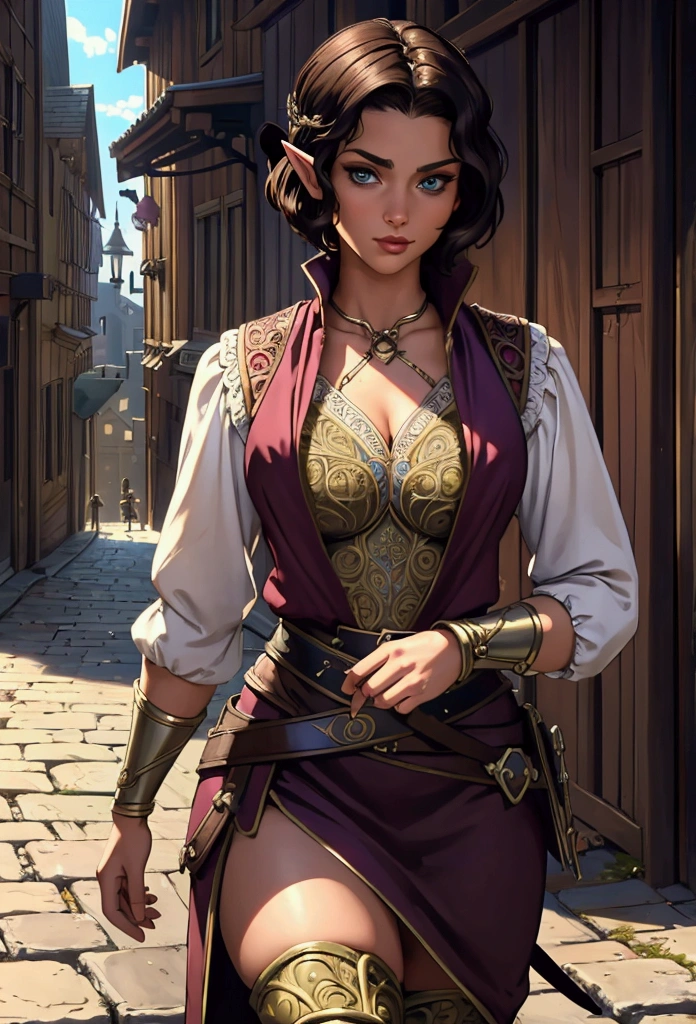 (Masterpiece, Best quality, Top quality, Intricate details, Beautiful, aesthetic:1.2), Highest quality, masterpiece, high resolution, 8k, cinematic lighting, sharp resolution, medium shot, samdoesarts style, beautiful woman, character portrait, 1 female elf, beautiful short dark hair, swashbuckler, rogue, dressed well, britches, and vest, a sickle hangs from her hip, daytime, crowded city streets, fantasy city, cobblestone streets,