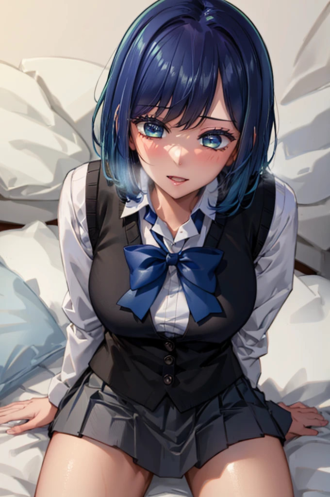 (best quality, masterpiece, UHD, ultra detailed), (beautiful face, detailed eyes, shiny skin, perfect anatomy, professional lighting), BREAK nsfw, (1boy and 1girl having sex:1.4), girl on top, straddling, spread legs, BREAK hmakane, blue hair, short hair, gradient hair, medium breasts, blue bowtie, collared shirt, black vest, long sleeves, pleated skirt, grey skirt, cleavage, bare breasts, embarrassed, BREAK detailed background, bedroom, pillow, POV