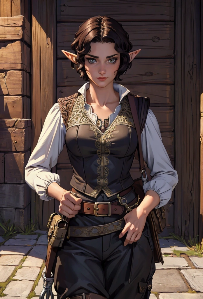 (Masterpiece, Best quality, Top quality, Intricate details, Beautiful, aesthetic:1.2), Highest quality, masterpiece, high resolution, 8k, cinematic lighting, sharp resolution, medium shot, samdoesarts style, beautiful woman, character portrait, 1 female elf, beautiful short dark hair, swashbuckler, rogue, dressed well, black trousers, baggy britches, and vest, a sickle hangs from her hip, daytime, crowded city streets, fantasy city, cobblestone streets,