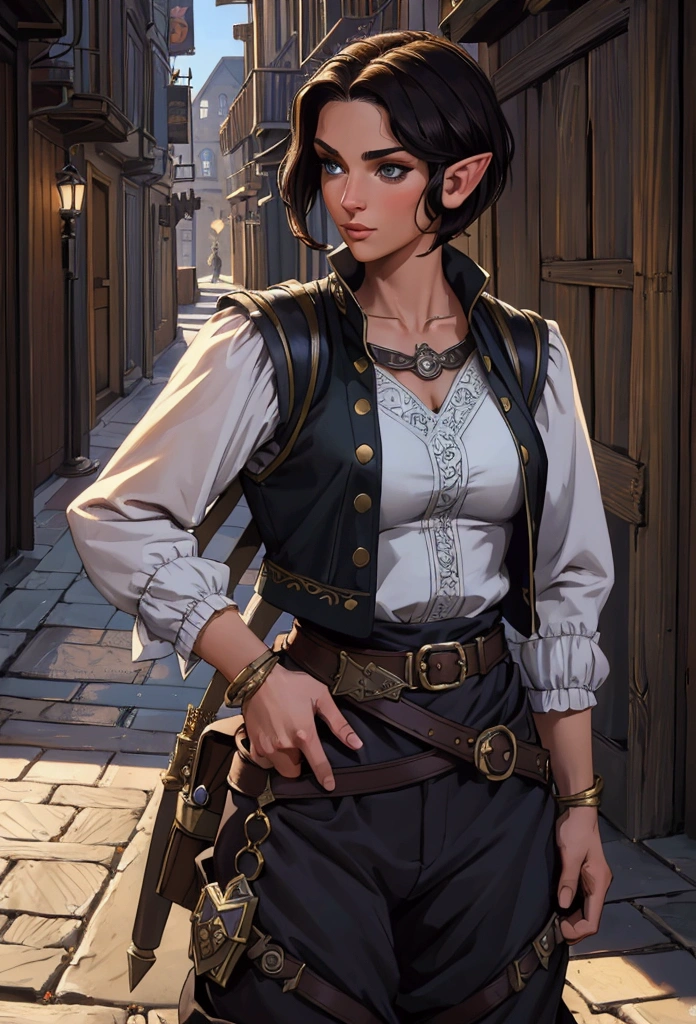 (Masterpiece, Best quality, Top quality, Intricate details, Beautiful, aesthetic:1.2), Highest quality, masterpiece, high resolution, 8k, cinematic lighting, sharp resolution, medium shot, samdoesarts style, beautiful woman, character portrait, 1 female elf, beautiful short dark hair, swashbuckler, rogue, dressed well, black trousers, baggy britches, and vest, a sickle hangs from her hip, daytime, crowded city streets, fantasy city, cobblestone streets,