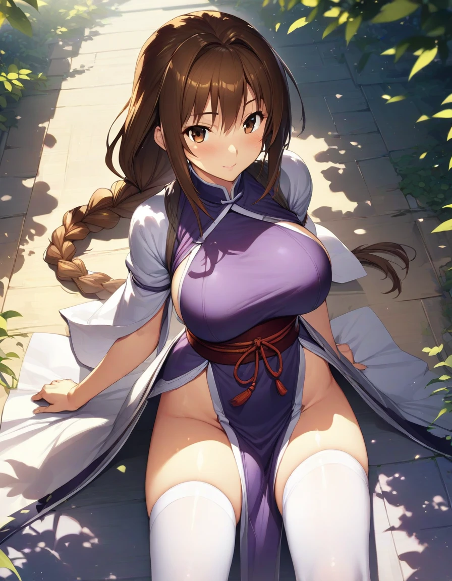 (masterpiece),(Highest quality),(Very detailed),(Best illustrations),(Best Shadow),(Absurd),(Detailed Background),(so beautiful), One girl, alone, Kasumi(QG), pelvic curtain, brown eyes, brown hair, thighhighs, long hair, braid, large breasts, white thighhighs,