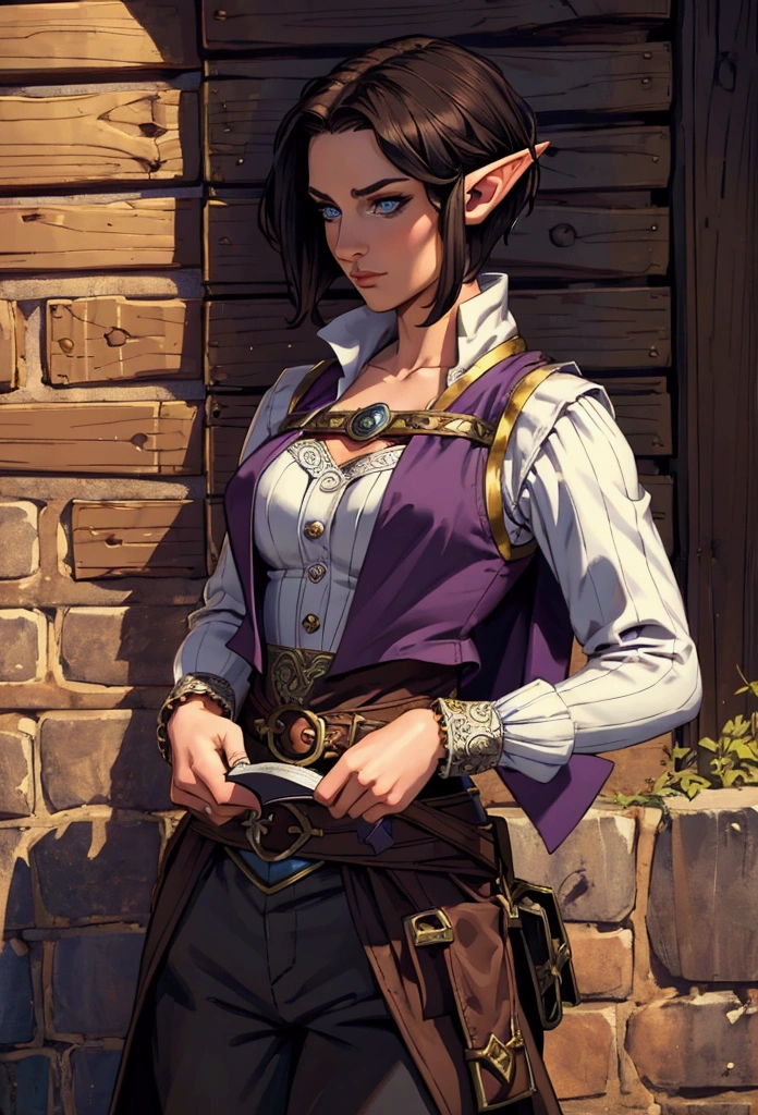 (Masterpiece, Best quality, Top quality, Intricate details, Beautiful, aesthetic:1.2), a drawing of a woman , medium shot, samdoesarts style, character art closeup, portrait of a dnd character, half elf woman, rpg book portrait beautiful woman, character portrait, 1 female elf, beautiful short dark hair, swashbuckler, rogue, dressed well, black trousers, baggy britches, and vest, a sickle hangs from her hip, daytime, crowded city streets, fantasy city, cobblestone streets,