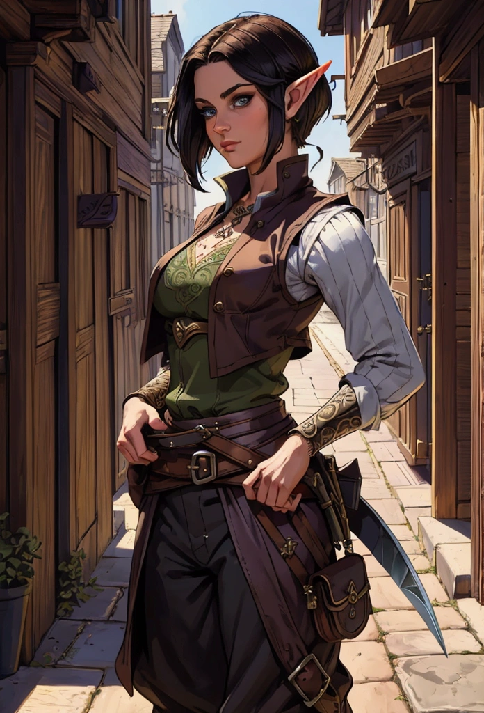 (Masterpiece, Best quality, Top quality, Intricate details, Beautiful, aesthetic:1.2), a drawing of a woman , medium shot, samdoesarts style, character art closeup, portrait of a dnd character, half elf woman, rpg book portrait beautiful woman, character portrait, 1 female elf, beautiful short dark hair, swashbuckler, rogue, dressed well, black trousers, baggy britches, and vest, a sickle hangs from her hip, daytime, crowded city streets, fantasy city, cobblestone streets,