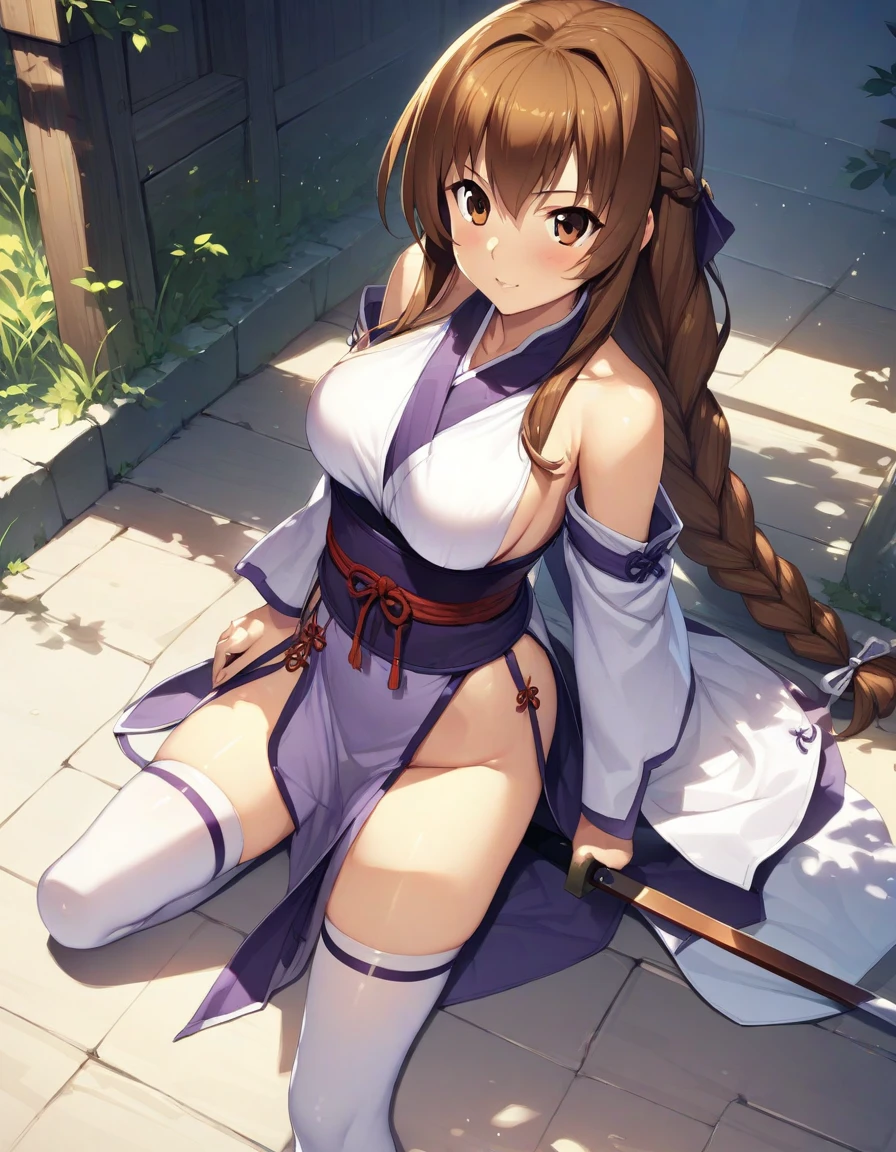 (masterpiece),(Highest quality),(Very detailed),(Best illustrations),(Best Shadow),(Absurd),(Detailed Background),(so beautiful), One girl, alone, Kasumi(QG), pelvic curtain, brown eyes, brown hair, thighhighs, long hair, braid, large breasts, white thighhighs,