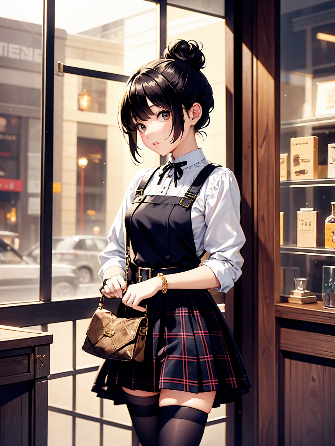 ((extremely detailed)), (very detailed illustration), (expressionless), (best quality:1.2), ultra-realistic 8K UHD, high resolution, (masterpiece), 1girl, solo,(night:1.4), (looking at viewer:1.2), skirt, shirt, (black hair:1.3), thighhighs, (brown eyes:1.2), standing, (white shirt:1.2), (black thighhighs:1.3), indoors, (hair bun:1.2), lips, (zettai ryouiki:1.3), (plaid:1.2), window, (single hair bun:1.2)In the image, a young woman is standing in an interior setting that appears to be a shop or a boutique. She is dressed in a modern style with a touch of vintage flair, indicated by her plaid skirt and the classic design of her blouse. Her attire is complemented by a bag she carries on her shoulder, suggesting a casual yet fashionable taste. The woman's pose and the setting create a narrative that could be interpreted as a moment captured in a story, possibly alluding to themes of fashion, youth culture, or the experience of shopping. The golden objects on the table, likely decorative or part of the shop's display, add to the rich texture of the scene. The overall composition of the image, with its focus on the woman and the ambient lighting, evokes a sense of contemplation and elegance.

1 girl, standing alone and looking directly at the viewer. She has short black hair styled in a single bun and is wearing a white shirt with a pleated plaid skirt and black thigh-high stockings. The girl also has brown eyes, wears jewelry including a bracelet, and is carrying a bag. In the background, there is a window. This image depicts the concept of zettai ryouiki, which refers to the area of bare skin between the top of thigh-high stockings and the bottom of a skirt or shorts. Additionally, she appears to be holding some food in her hand.

