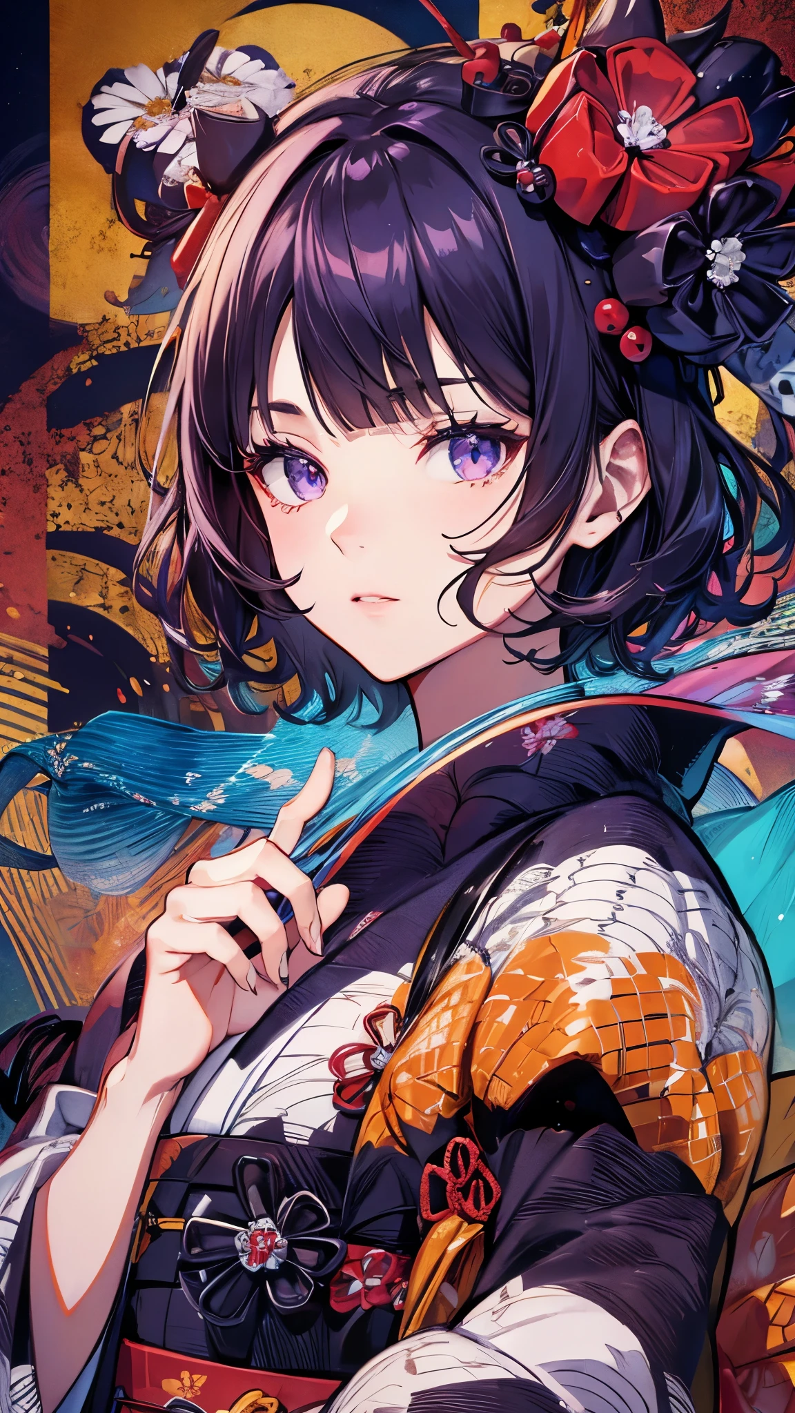 hokusai, short hair, bangs, (purple eyes:1.1), black hair, hair ornament, purple hair, flower, hair flower, hairpin,
japanese clothes, kimono, sash, obi, red kimono, black kimono, masterpiece,Noise Reduction,perfect anatomy,high resolution, ultra-detailed, ultra-detailed face,game cg,dutch angle ,beautiful detailed eyes,visualart,five fingers, perfect hands, perfect lighting, sparkling pupils,