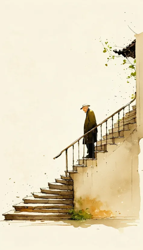 中国水墨画sketch：light ink，lowercase，sketch，artistic conception，old man on the stairs，minimalism，(((negative space,bottom left compos...