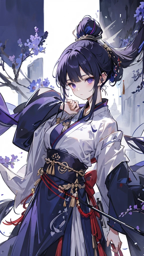 Navy blue short ponytail，black eyes，Wolf's ears，Purple Hanfu armor，longbow