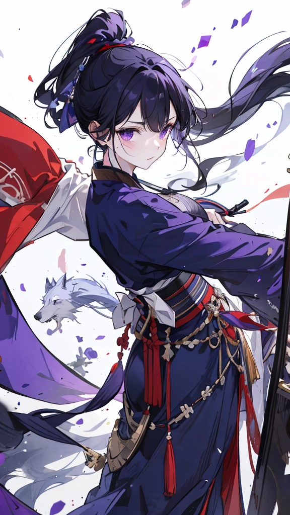 Navy blue short ponytail，black eyes，Wolf's ears，Purple Hanfu armor，longbow