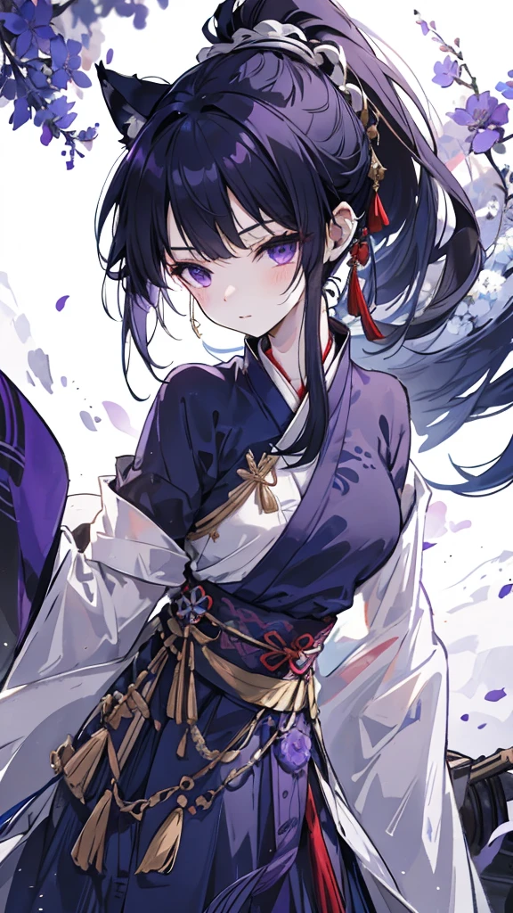 Navy blue short ponytail，black eyes，Wolf's ears，Purple Hanfu armor，longbow