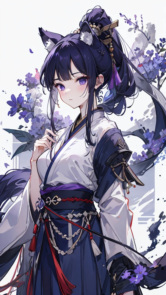 Navy blue short ponytail，black eyes，Wolf's ears，Purple Hanfu armor，longbow