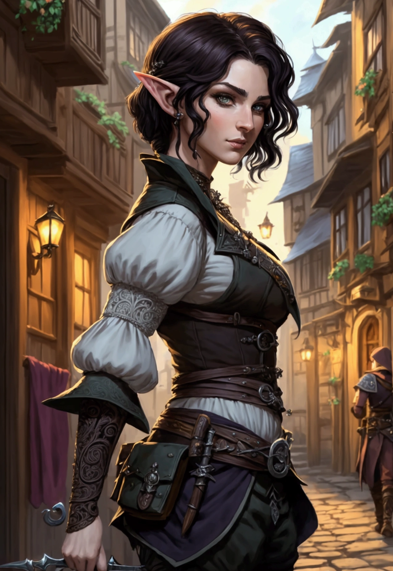 (Masterpiece, Best quality, Top quality, Intricate details, Beautiful, aesthetic:1.2), a drawing of a woman , medium shot, samdoesarts style, character art closeup, portrait of a dnd character, half elf woman, rpg book portrait beautiful woman, character portrait, 1 female elf, beautiful short dark hair, swashbuckler, rogue, dressed well, black trousers, baggy britches, and vest, a sickle hangs from her hip, daytime, crowded city streets, fantasy city, cobblestone streets,