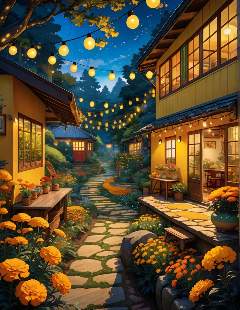 wide view, ghibli art scene, a two storey yellow apartment, bug glass windows, covered with marigold flowers, forest, remote location, late evening, string lights, stone path, garden, dining setup outside, nature, shed, cozy atmosphere, micro landscape, intrinsic details, masterpiece